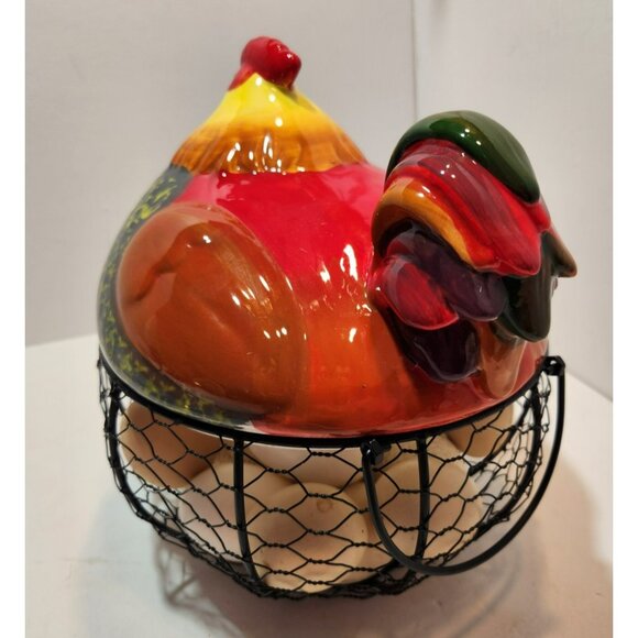 Ceramic Chicken Sitting on Black Metal Egg Basket with Eggs Farmhouse Decor - Picture 4 of 15